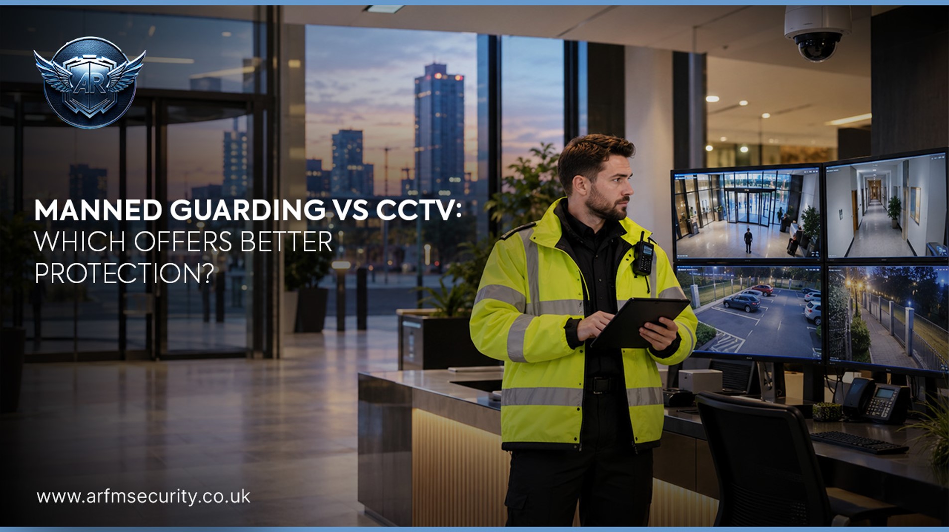 SIA licensed security guard patrolling a commercial building next to CCTV cameras in Birmingham